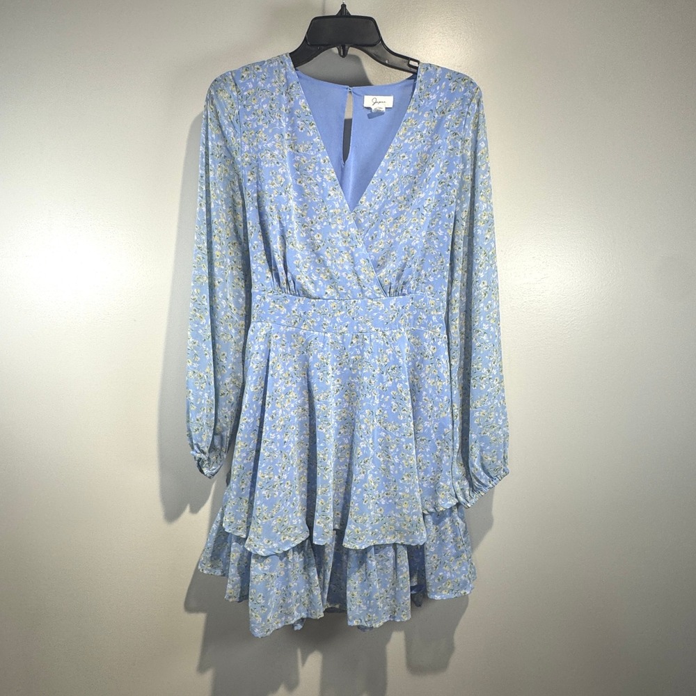 Japna Blue Floral Long Sleeve‎ Tiered Ruffle Mini Dress Large Tie Cottagecore
